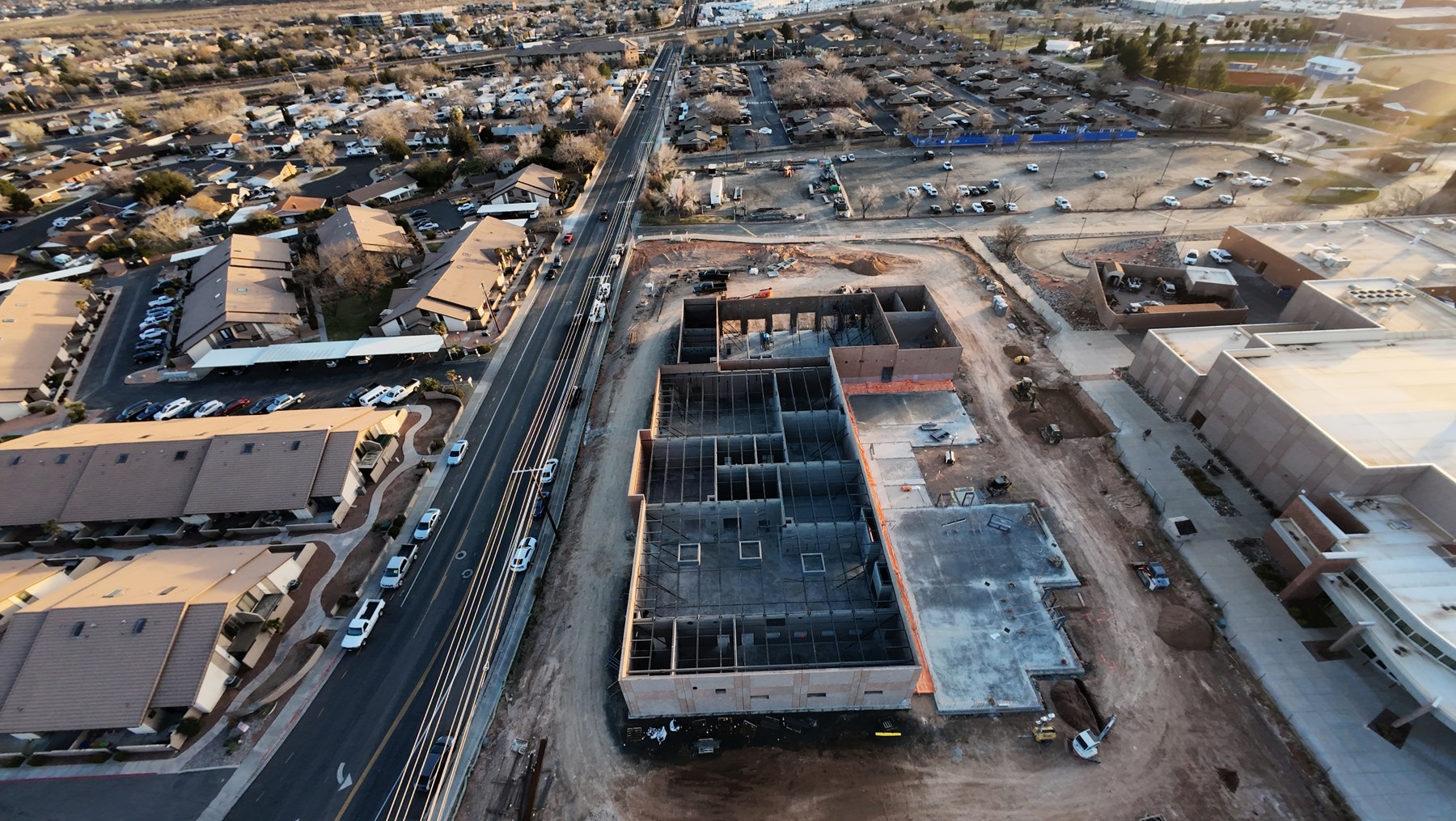Aerial view of steel framing inside a building under construction